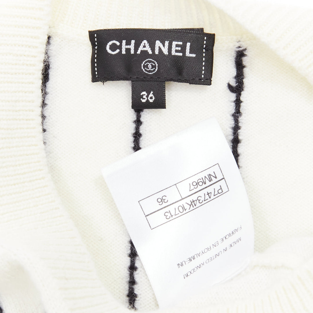 CHANEL 2023 100% cashmere cream black striped logo varsity sweater top FR36 S