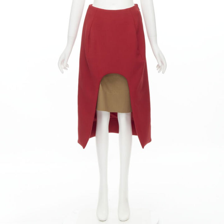 MARNI red wool brown silk lining curved hem midi skirt IT40 S