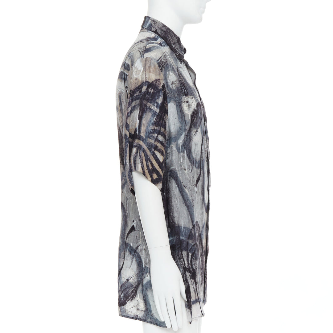 YOHJI YAMAMOTO 100% silk grey beige abstract print relaxed shirt JP2 M