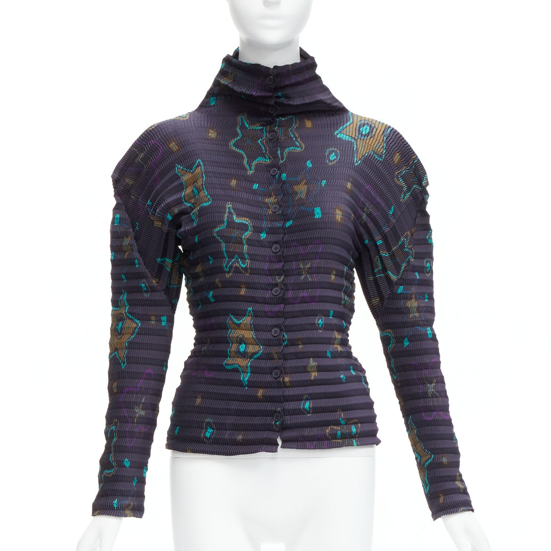 rare ISSEY MIYAKE PLEATS PLEASE green star dark blue collar pleated top JP2 M