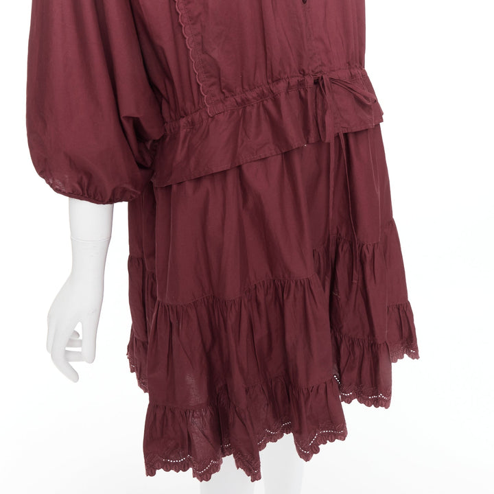 SEE BY CHLOE 616 smoked red cotton SBC scallop trim shirt dress FR40 L
