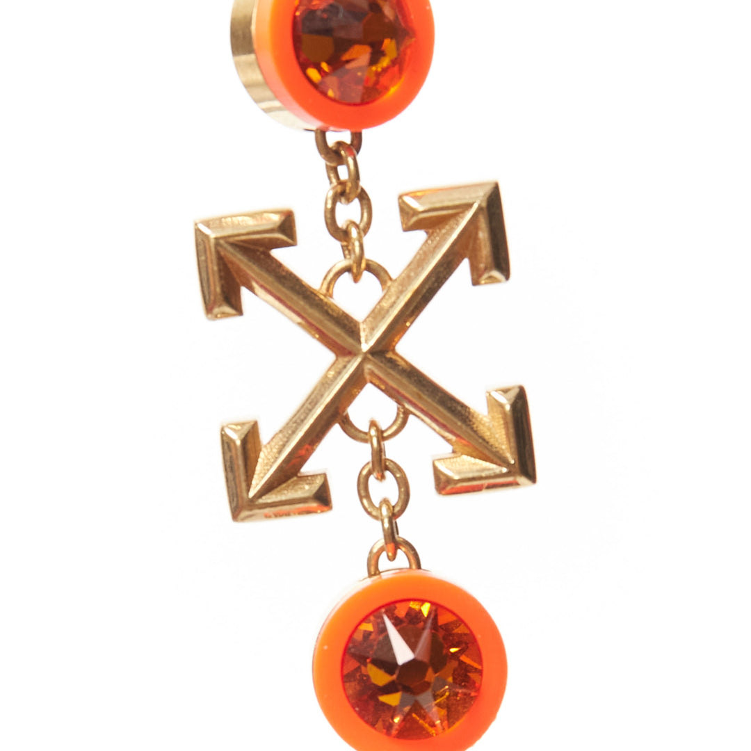 OFF WHITE neon orange gold logo jewel rhinestone drop pin earrings pair