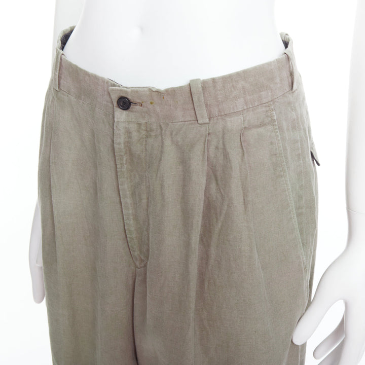 YOHJI YAMAMOTO khaki green linen pleated front tapered wide pants S