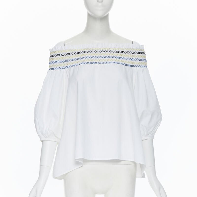 PETER PILOTTO white cotton ethnic embroidery off shoulder puff sleeve top UK6