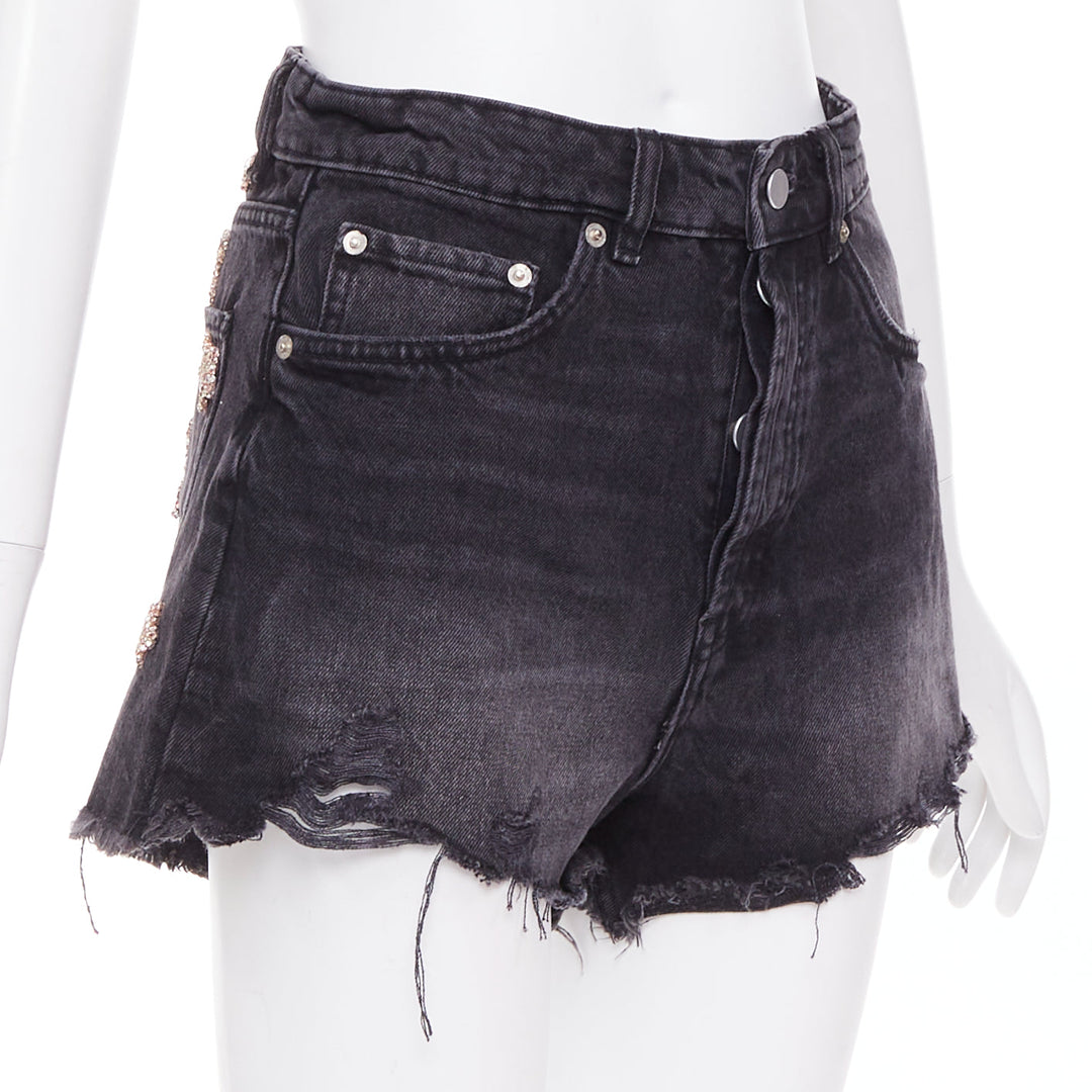 LOU LOU Studio washed grey denim pink silver crystal stars embellished shorts S