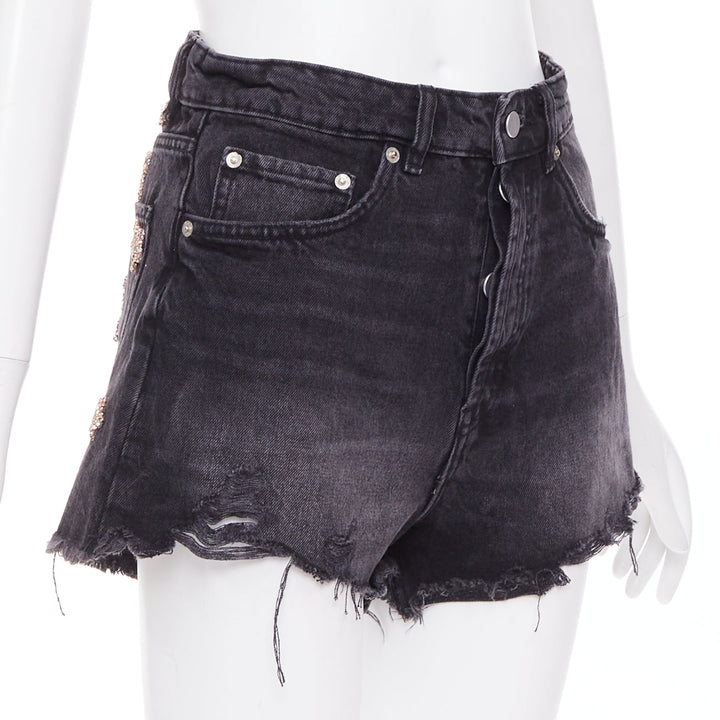 LOU LOU Studio washed grey denim pink silver crystal stars embellished shorts S