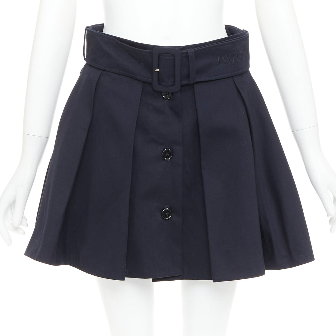 PATOU navy cotton front button box pleat belted flared mini skirt FR38 M