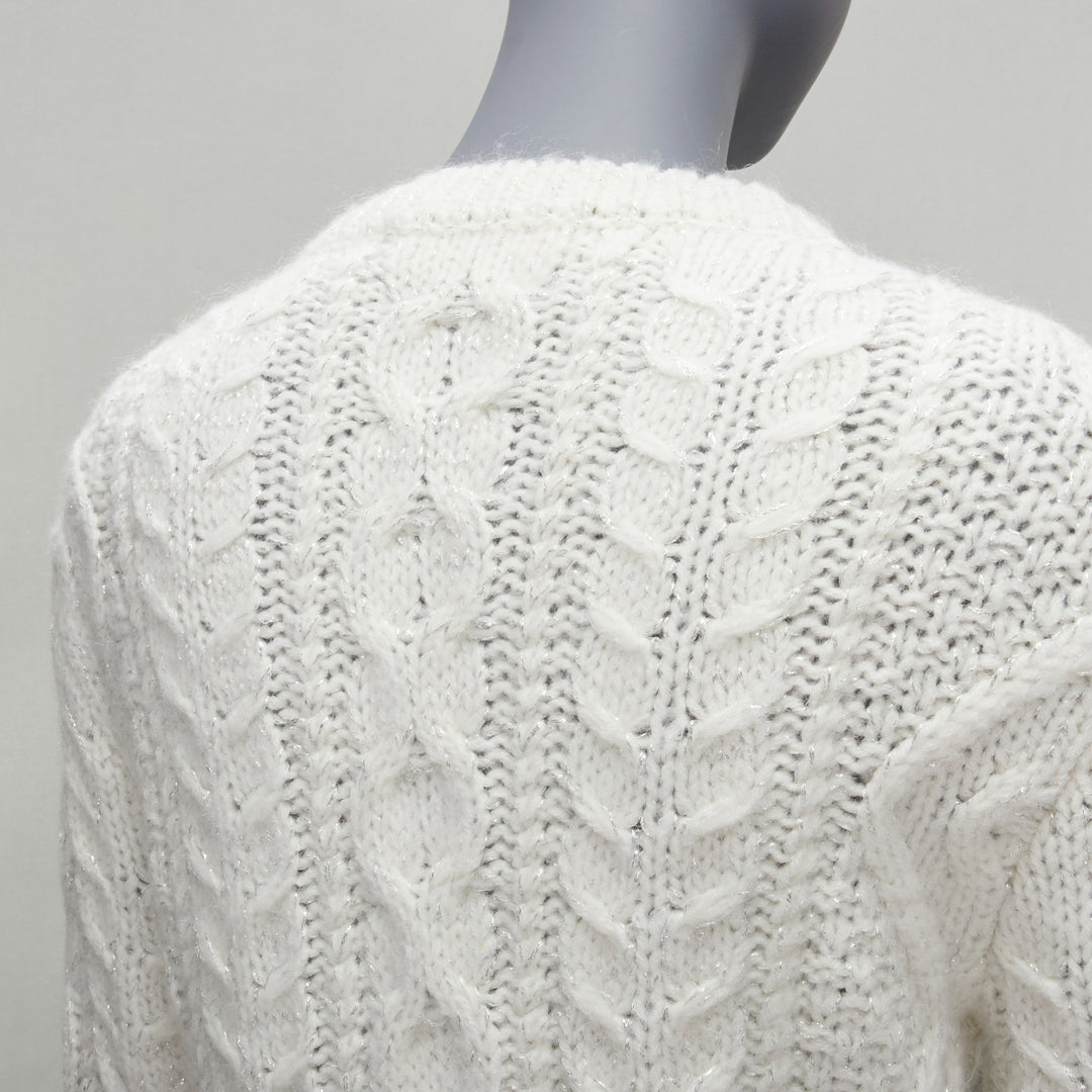 VALENTINO 2021 silver beads sequins bow white lurex cable knit sweater XS