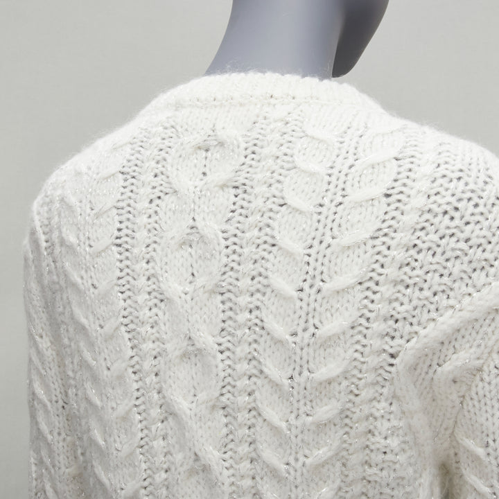 VALENTINO 2021 silver beads sequins bow white lurex cable knit sweater XS