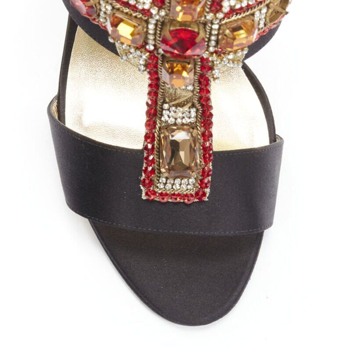 VERSACE 2018 Tribute Byzantine Cross Jewel crystal black satin sandals EU38