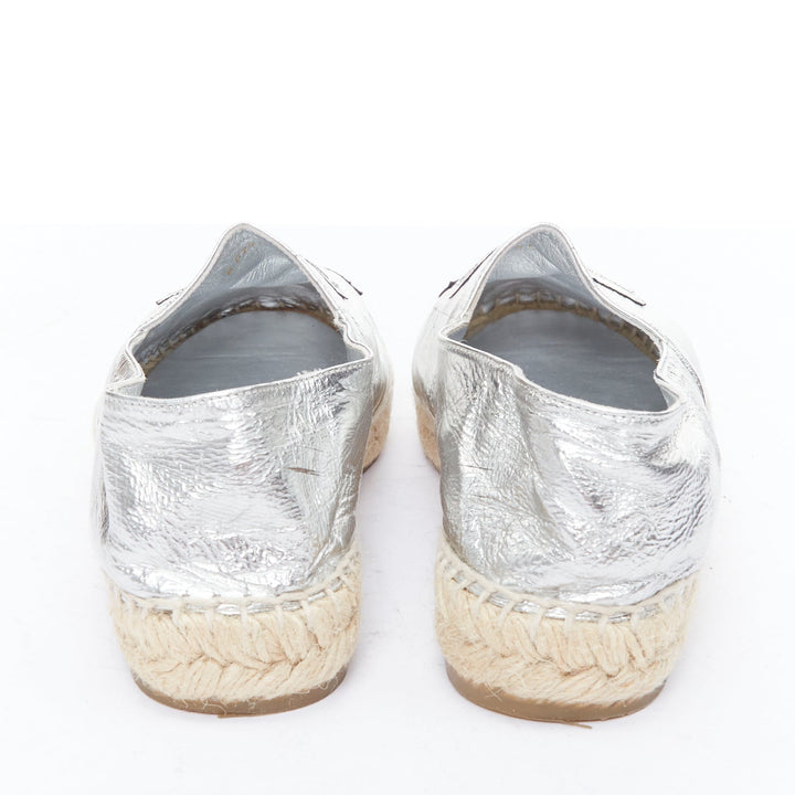 CHANEL metallic silver laminated goatskin CC logo jute espadrilles EU38