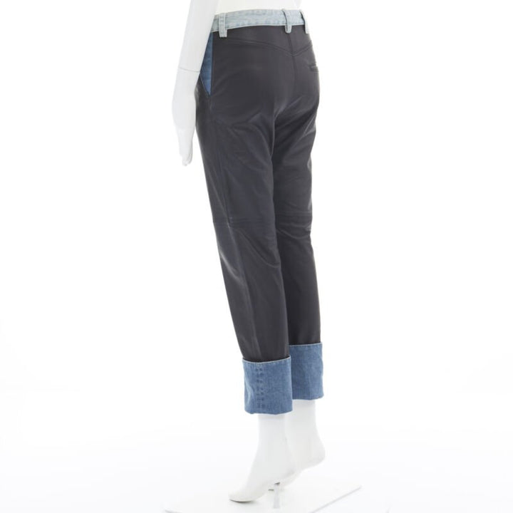 MAISON MARGIELA black leather blue denim trim cuffed jeans pants IT38 XS