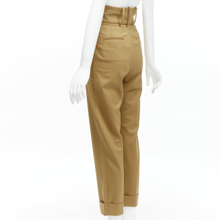 SARA BATTAGLIA khaki wool high waisted tie belt cuffed tapered pants  IT36 XXS