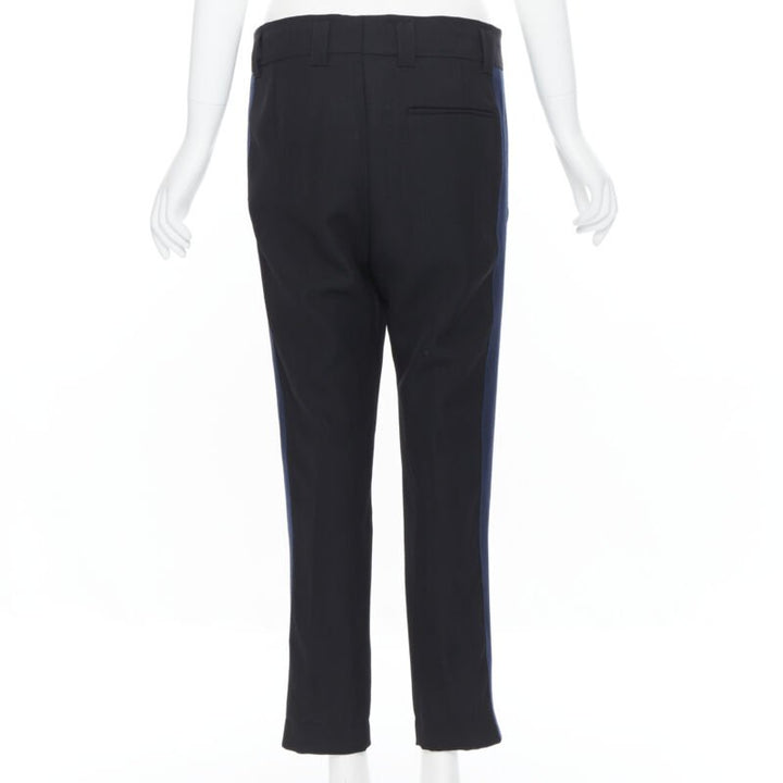 HAIDER ACKERMANN 100% fleece wool black navy grosgrain side cropped pants FR36