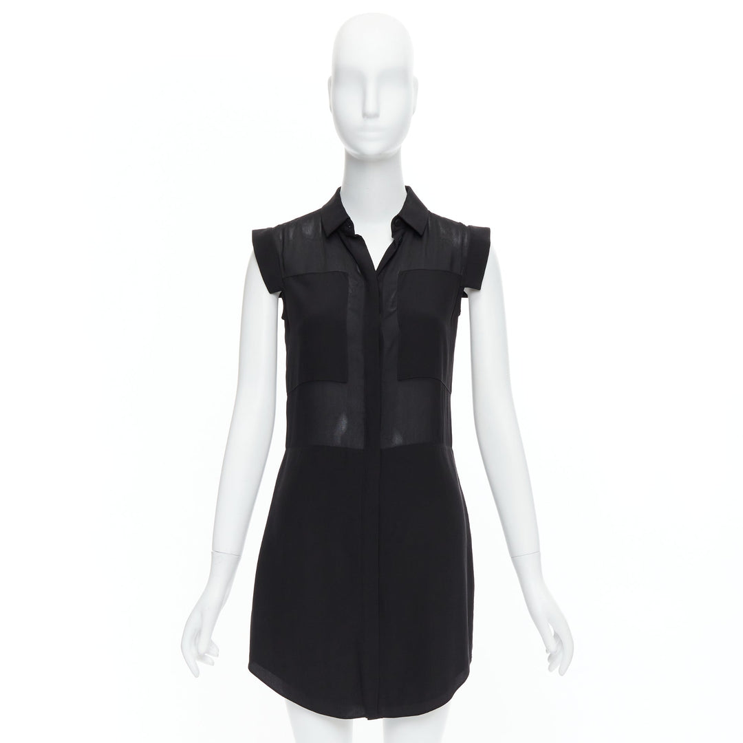 T ALEXANDER WANG black sheer silk blend panelled cap sleeve button dress XS