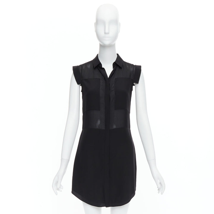 T ALEXANDER WANG black sheer silk blend panelled cap sleeve button dress XS