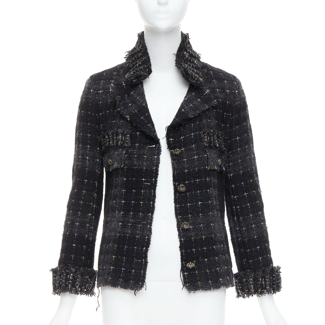 CHANEL 08A Runway Fantasy Tweed black grey silver gold wool jacket FR36 S