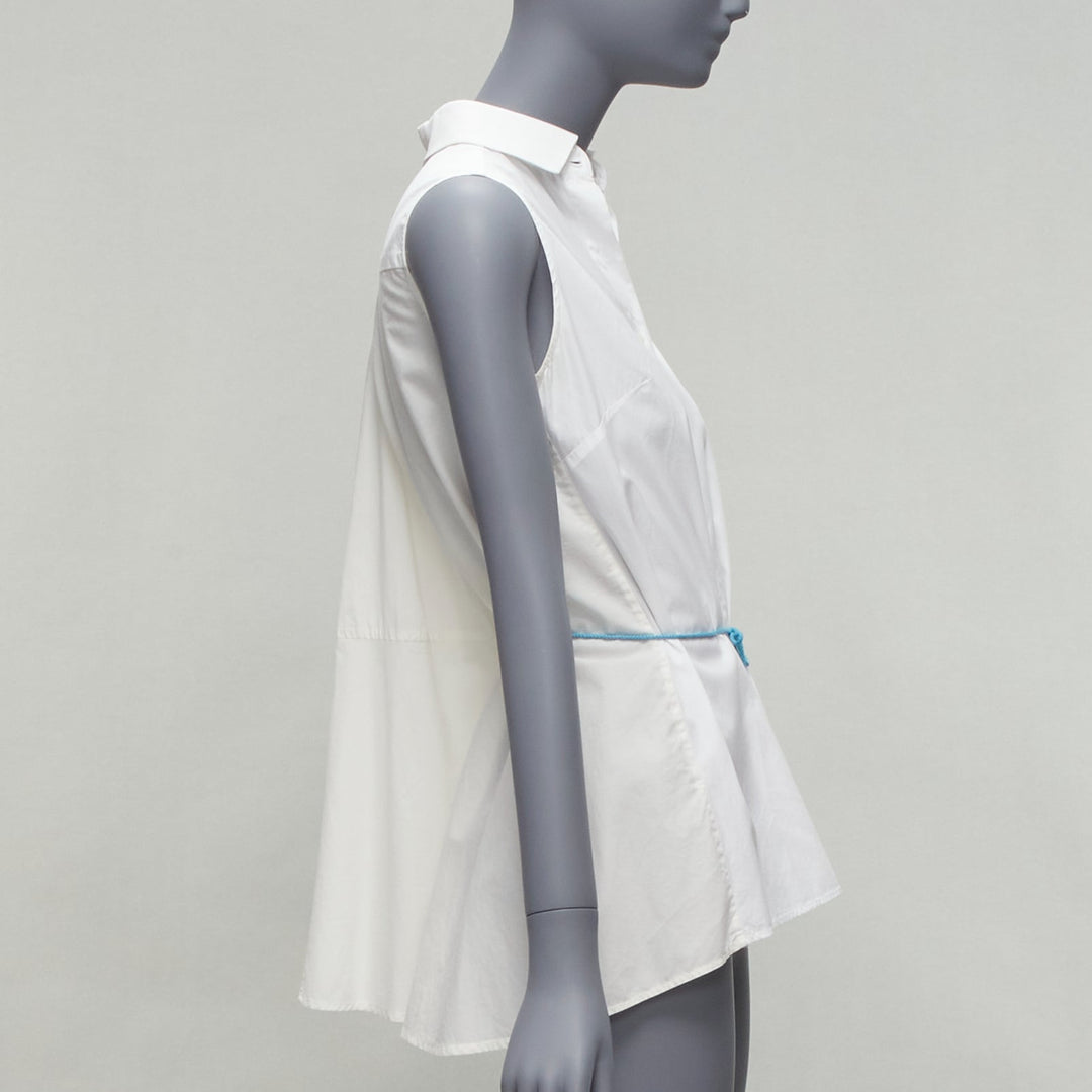 PALMER HARDING blue drawstring tie back white flare sleeveless shirt UK6 XS