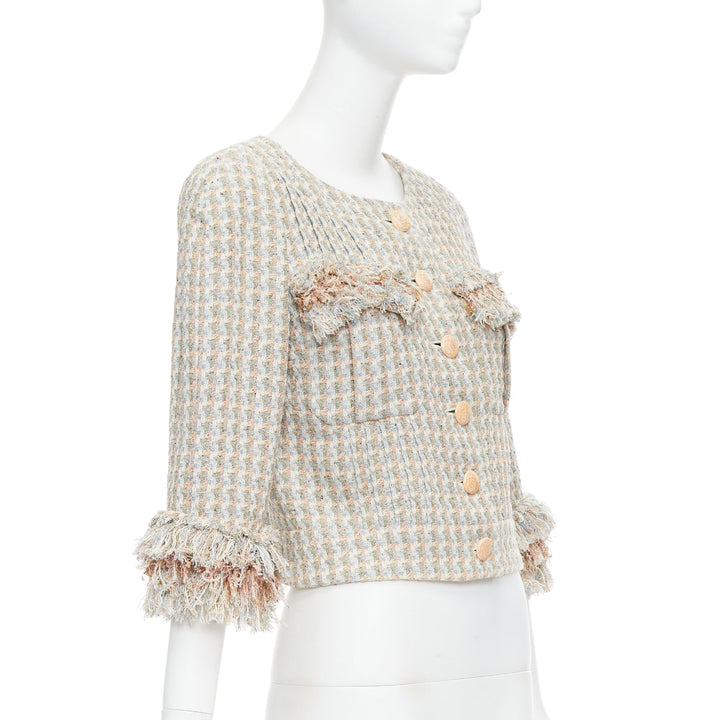 CHANEL 13C Rose Garden Lesage tweed ruffle detail cropped jacket FR38 M