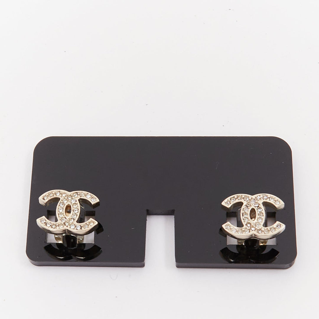 CHANEL silver tone crystal pave CC logo cable clips phone charm Set of Two