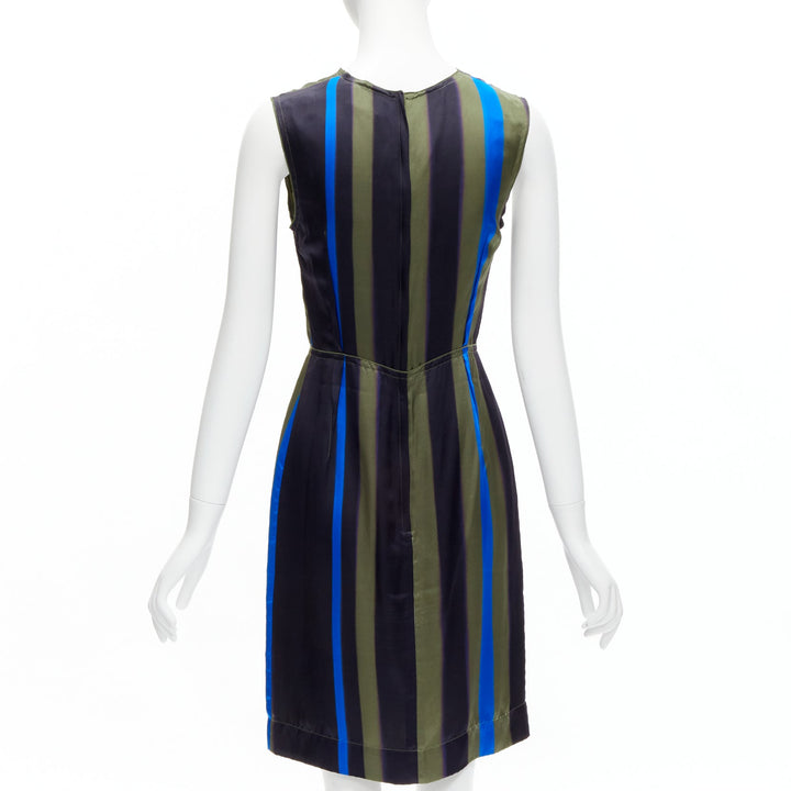 LANVIN 100% silk khaki blue abstract invert darts dress FR36 S