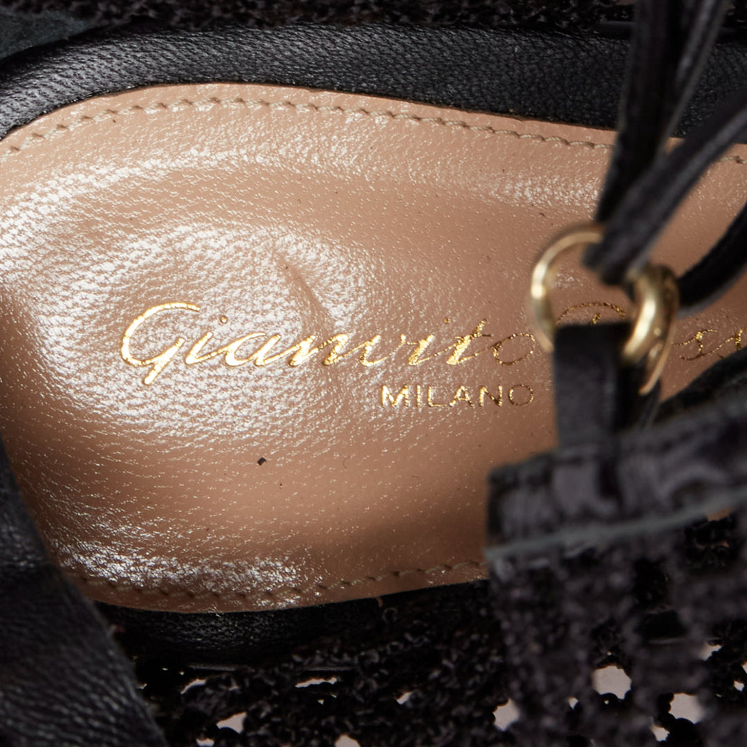 GIANVITO ROSSI Helena black crochet mesh gold rings lace up  sandals EU38