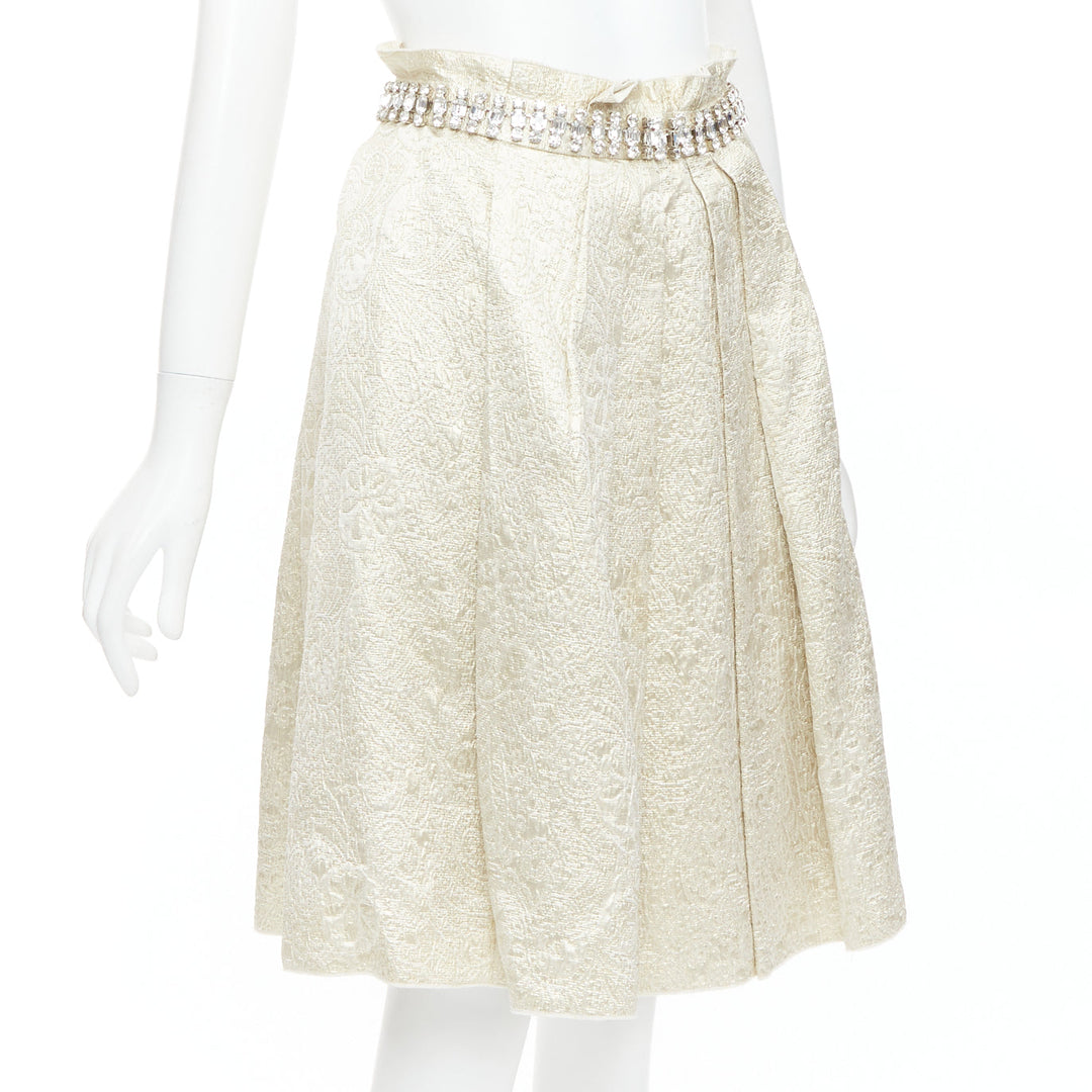 DOLCE GABBANA crystal rhinestone waistband beige brocade cocktail skirt IT40 S