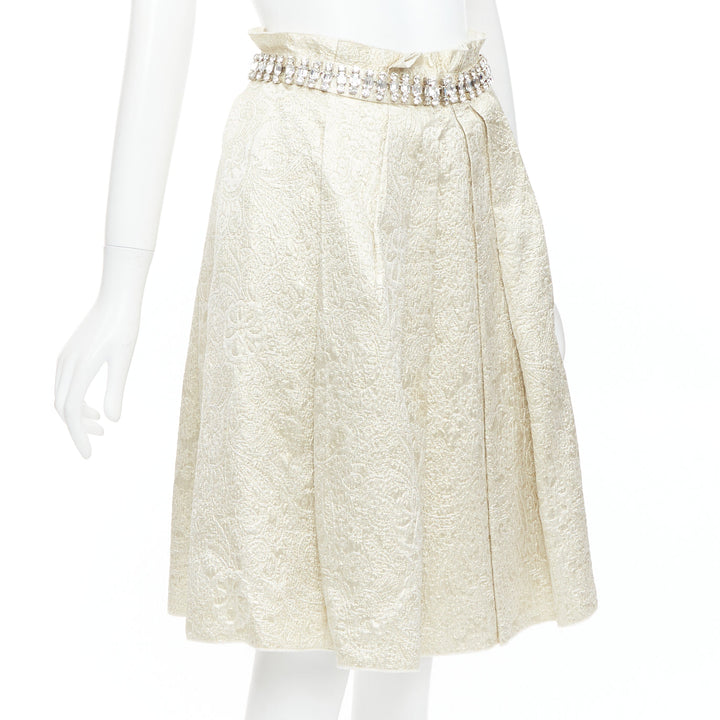 DOLCE GABBANA crystal rhinestone waistband beige brocade cocktail skirt IT40 S