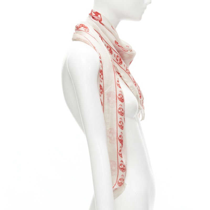 ALEXANDER MCQUEEN Signature skeleton skull light grey red silk scarf