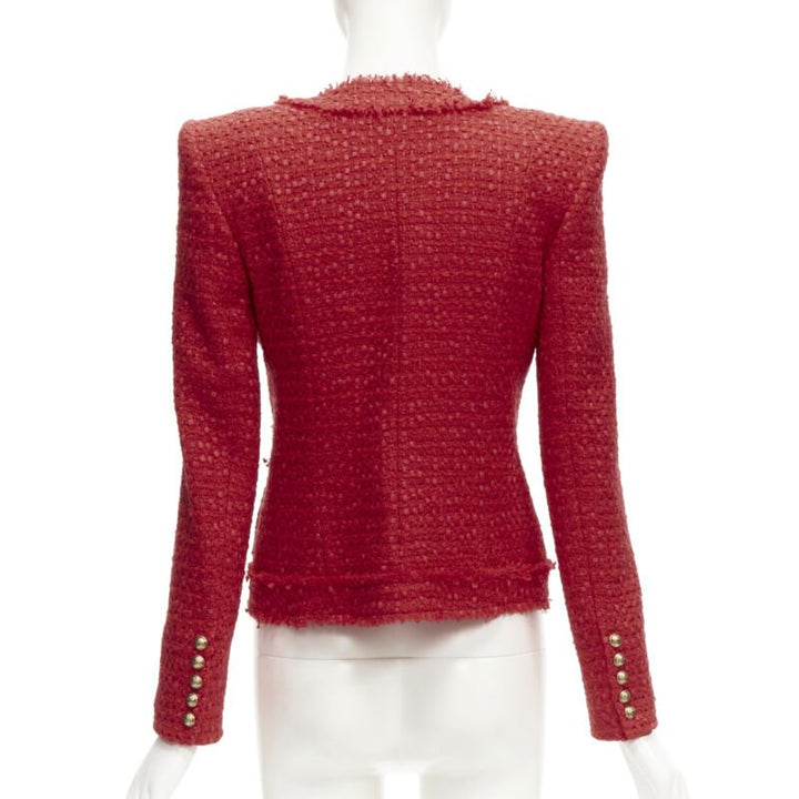 BALMAIN red tweed gold military button 4 pocket power blazer jacket FR34 XS
