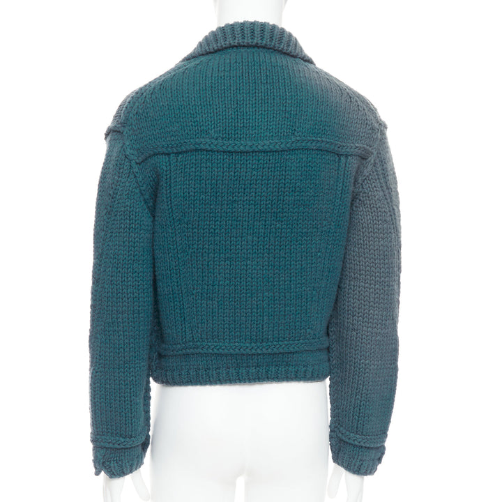 LOUIS VUITTON 2020 Runway turquoise blue wool chunky knit crop trucker jacket S