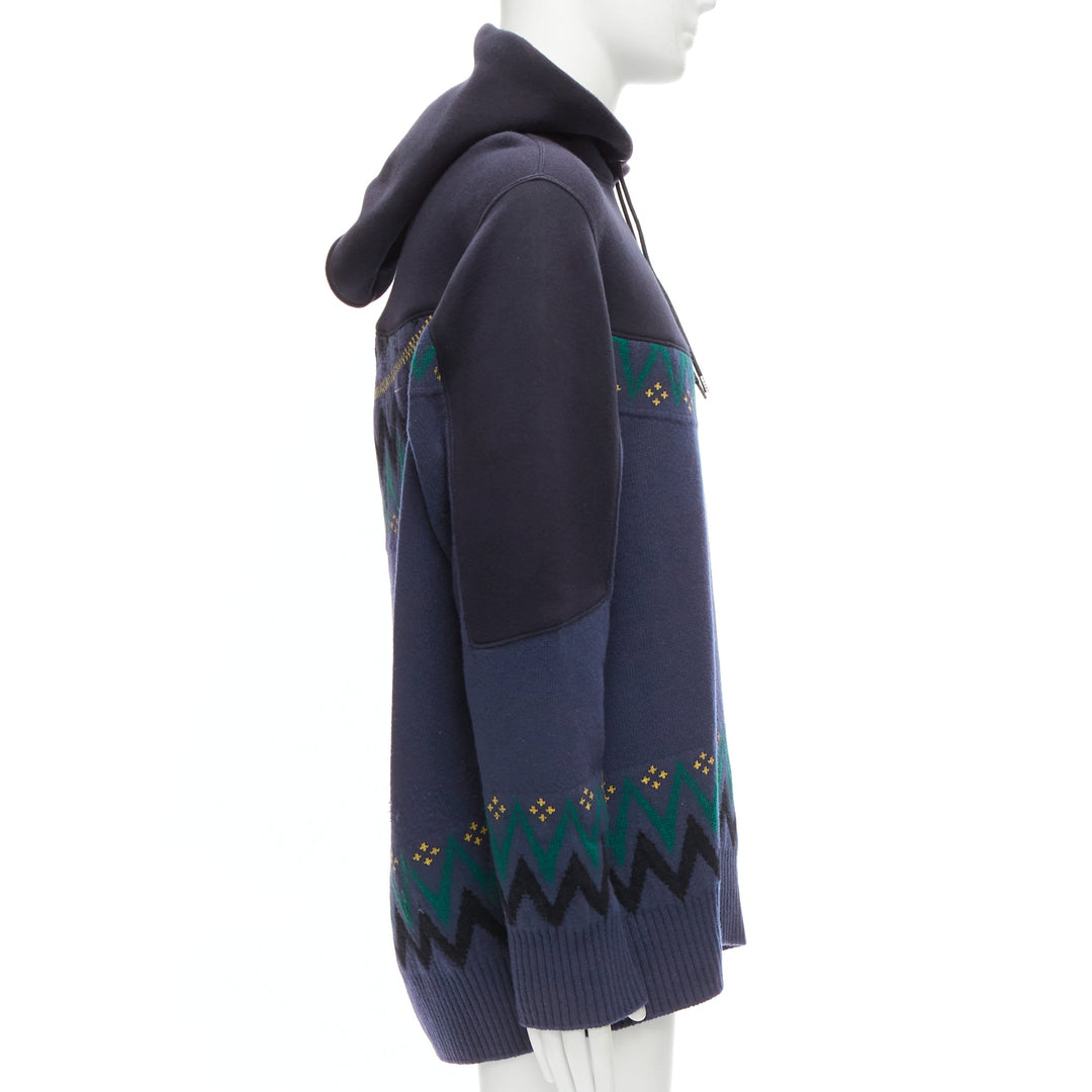 SACAI 2018 navy cotton blend fairisle knit sweater hyrid hoodie JP3 L