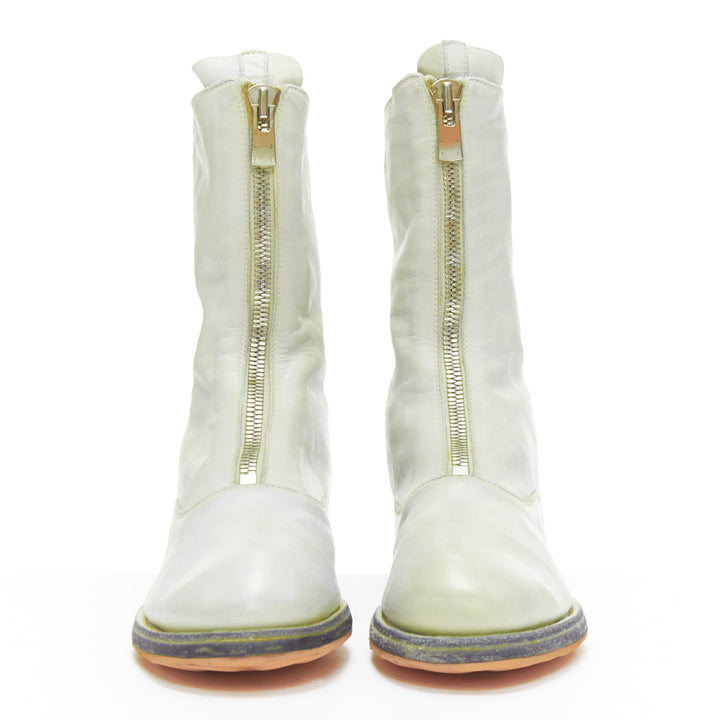 GUIDI light grey tumbled washed soft leather zip front boot EU37
