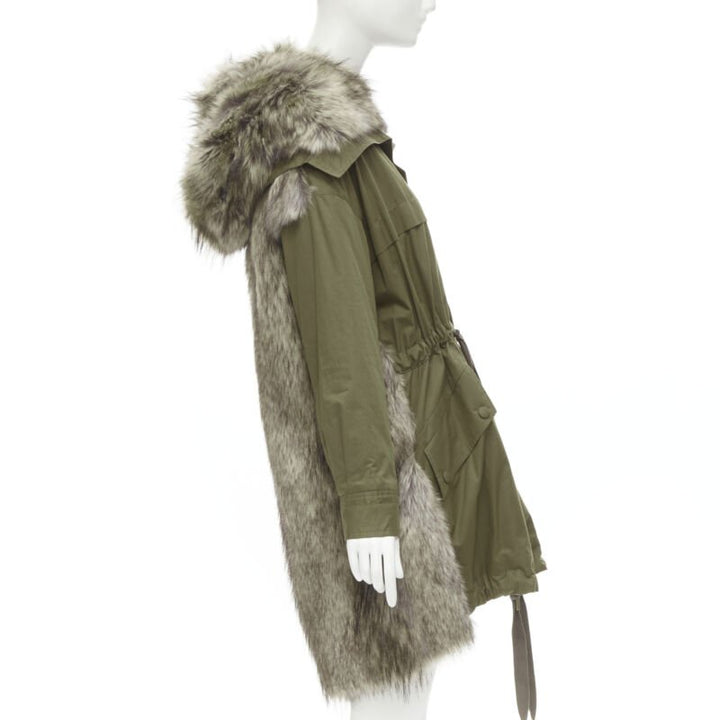 STELLA MCCARTNEY brown faux fur military green drawstring parka FR34 XS