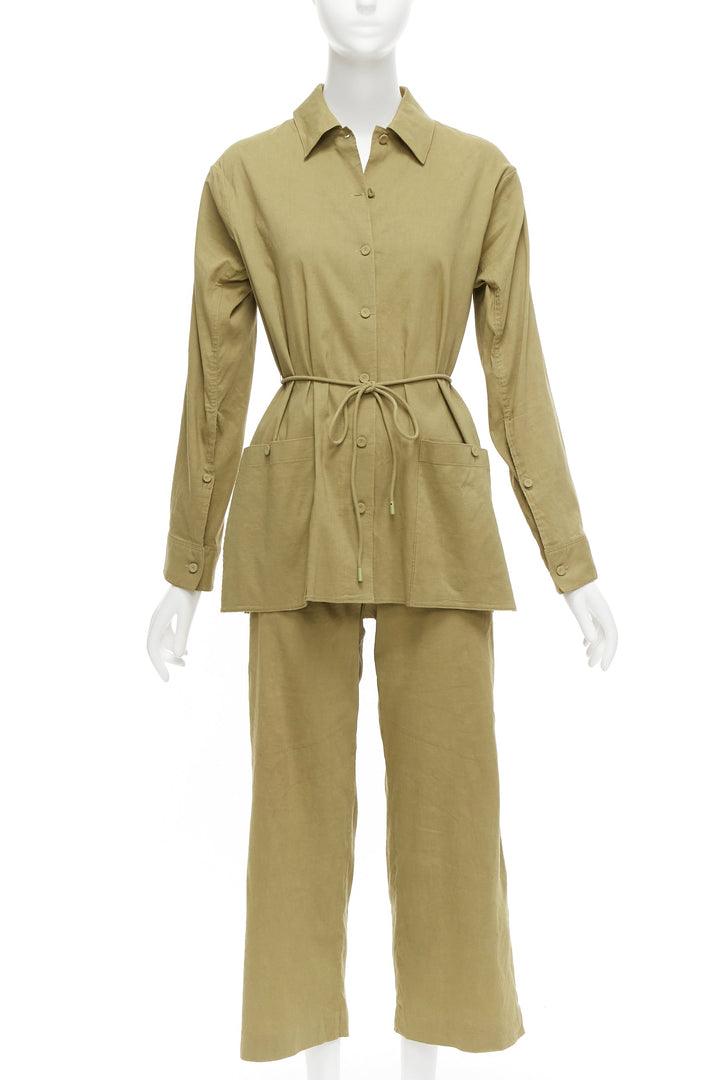 THEORY olive green linen blend tie belt relaxed jacket wide leg pants set US0 XS