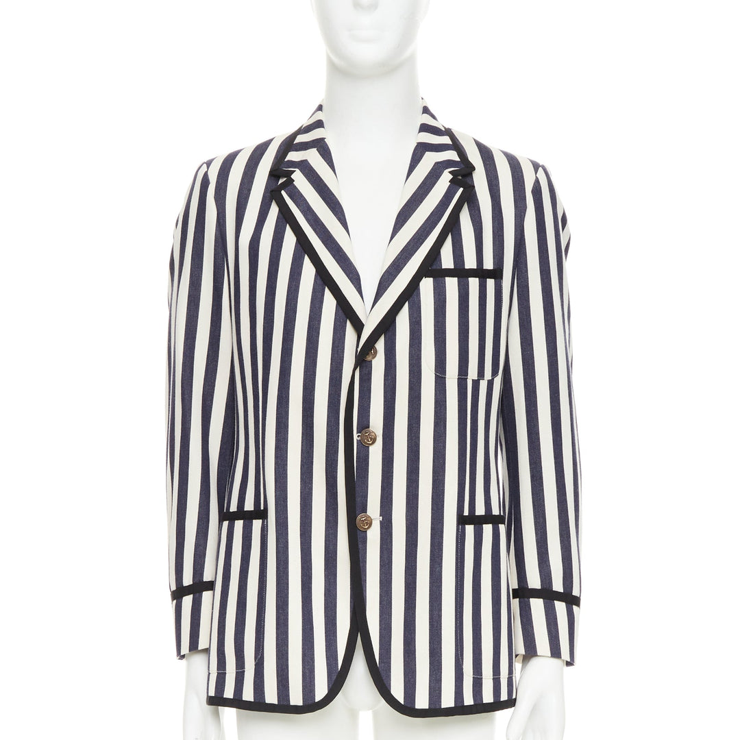 GUCCI navy cream cotton anchor buttons striped nautical blazer IT52 XL