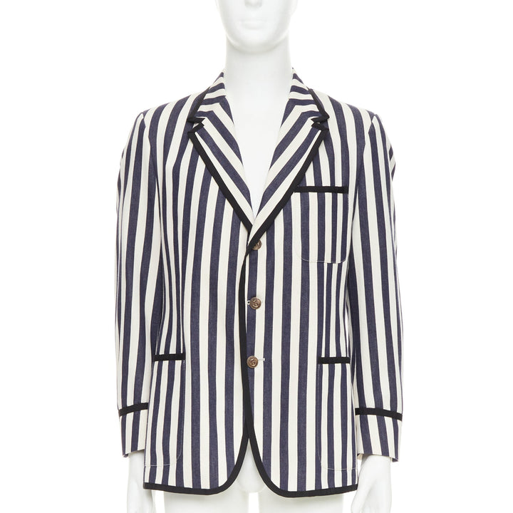 GUCCI navy cream cotton anchor buttons striped nautical blazer IT52 XL