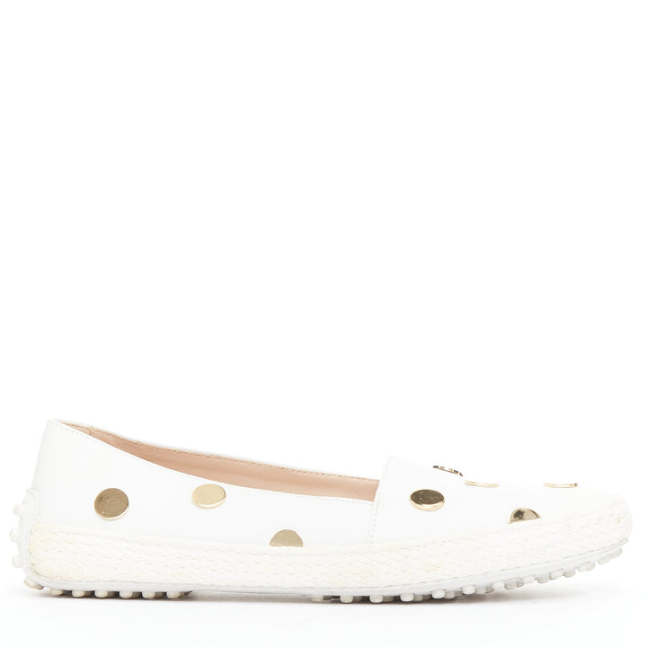 TOD'S white gold mirror polka dot leather espadrille loafers EU36