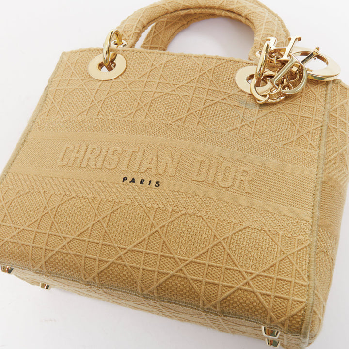 CHRISTIAN DIOR Lady D-Lite Medium Cannage beige canvas CD charm top handle bag