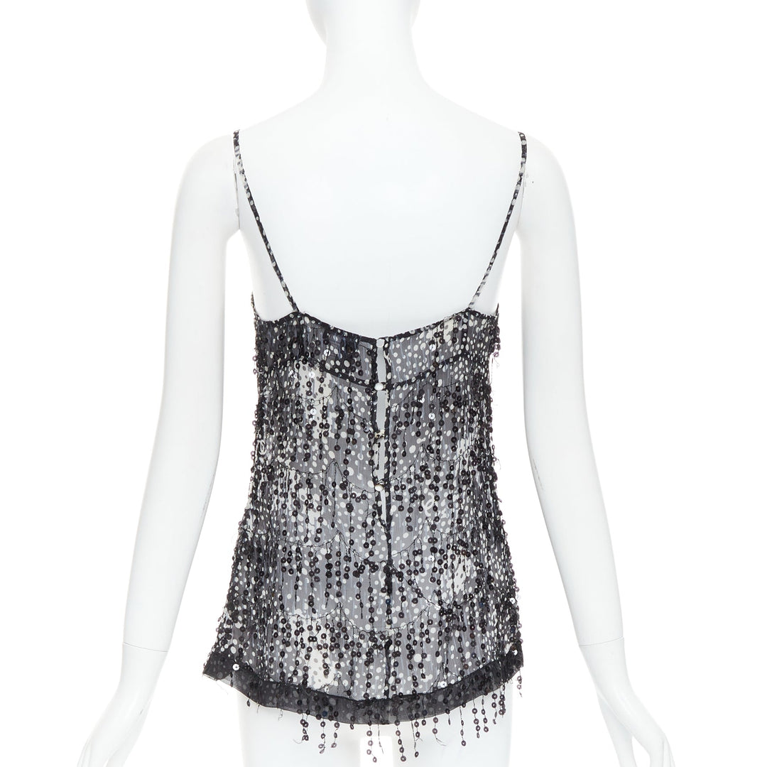 CHANEL 02A black grey sequin fringe applique sheer camisole FR38 M