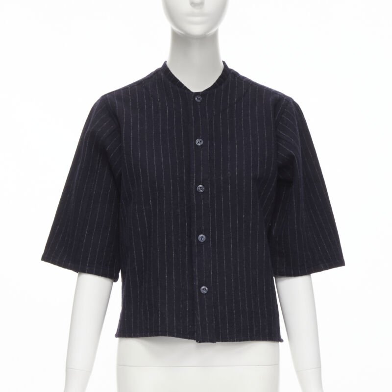 vintage COMME DES GARCONS 1980s navy blue pinstripe wool boxy baseball shirt S