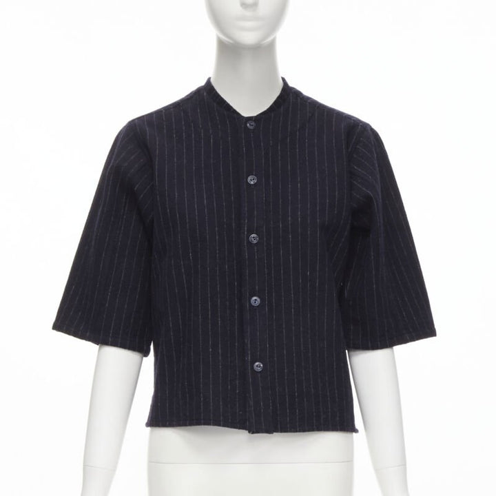 vintage COMME DES GARCONS 1980s navy blue pinstripe wool boxy baseball shirt S