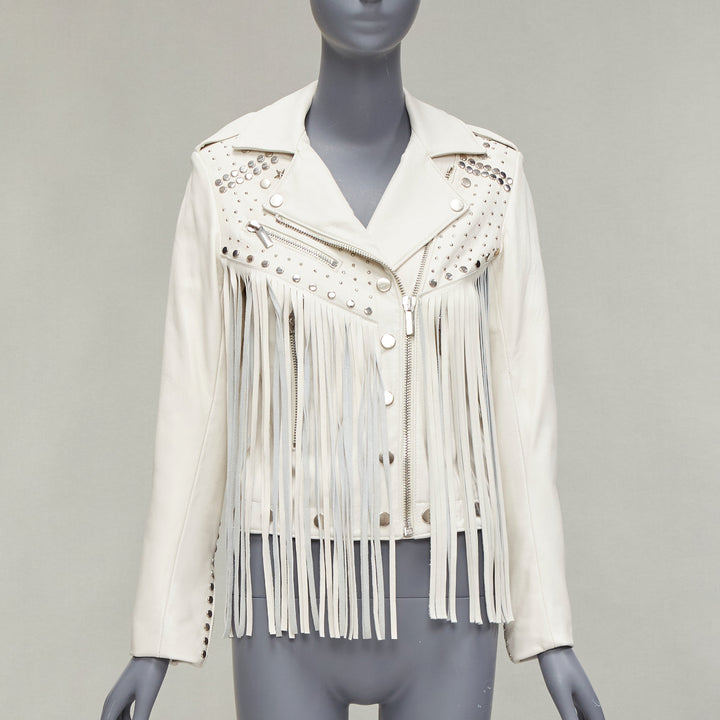 NOUR HAMMOUR cream lambskin fringe silver studs western biker jacket FR34 XS