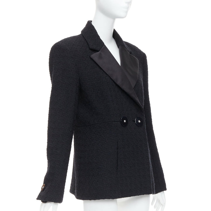 CHANEL 17A Runway Cosmopolite black tweed double breasted tuxedo jacket FR44