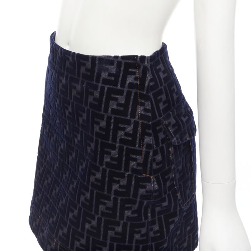 FENDI FF Zucca monogram velvet flocking mini denim skirt S