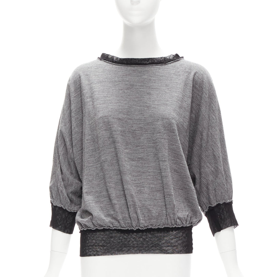 LANVIN 2005 light grey wool cashmere mesh trim batwing sweater FR36 S