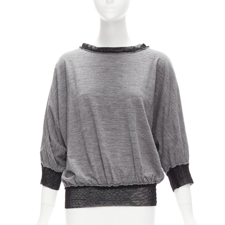 LANVIN 2005 light grey wool cashmere mesh trim batwing sweater FR36 S