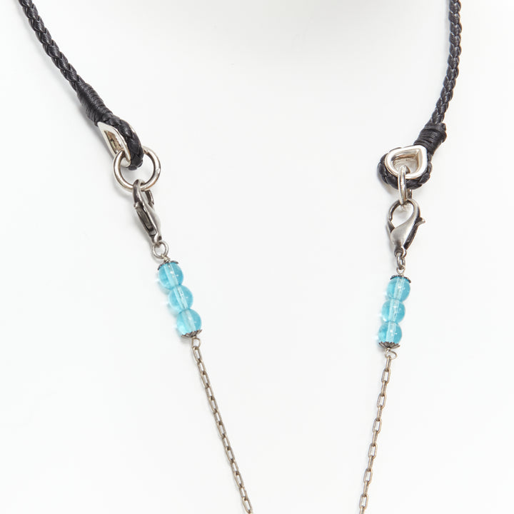 DOLCE GABBANA faux emerald blue beads Bytantine cross leather opera necklace