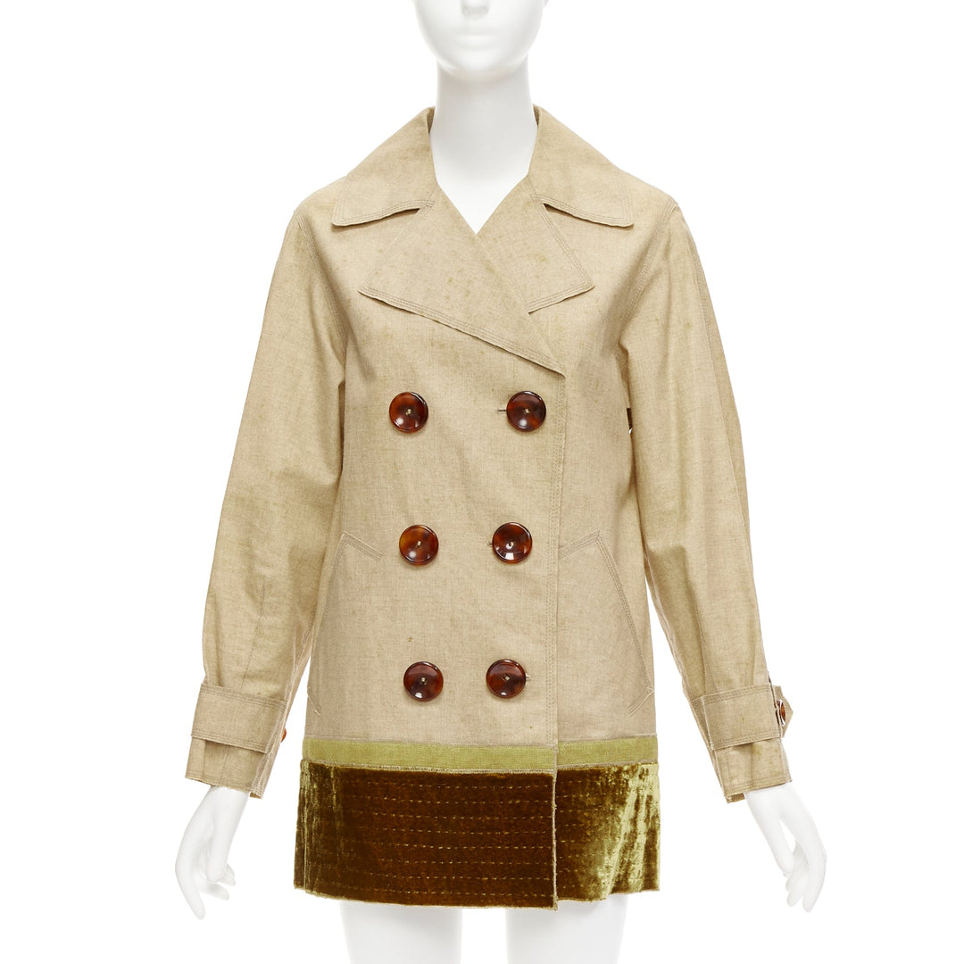 LOUIS VUITTON khaki coated linen gold velvet double breasted trench coat FR36 S