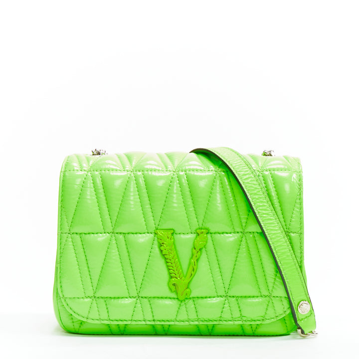 VERSACE Virtus bright green V quilted patent leather crossbody flap bag